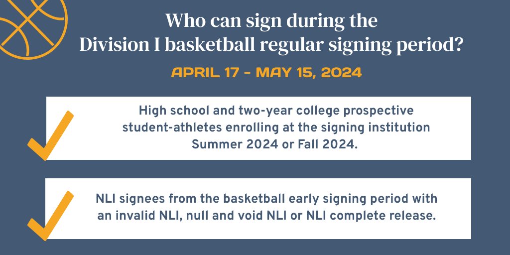 Division I basketball tips off the regular signing period April 17 - May 15, 2024. #NLI