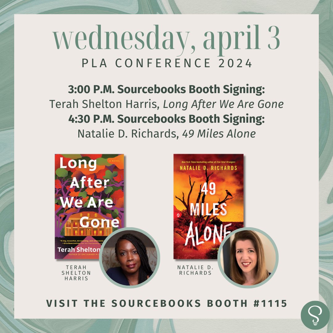Good morning, PLA friends! If you're going to be at the exhibit hall opening today, make sure to stop by the Sourcebooks booth #1115 to meet @terahsharris and @natdrichards!