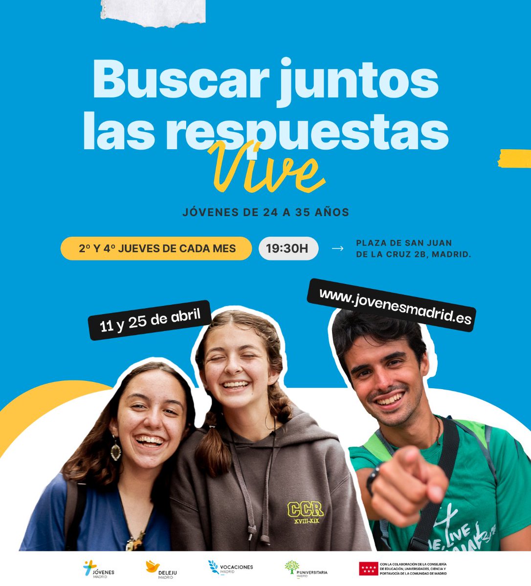 ¡Tenemos una cita! El 2° y 4° jueves de cada mes, a las 19h30 en la Plaza San Juan de la Cruz 2B 🤝

"Vive" es un llamado para ti, joven de 24 a 35 años, para vivir un momento de compartir, de reflexión y más⛪ 

¿Quieres saber más? ¡Pues nos vemos los jueves 11 y 25 de abril! 😉