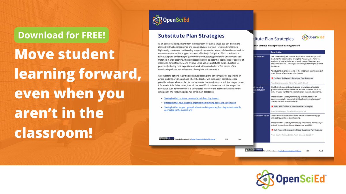 Keep student learning on track with our crowd-sourced Substitute Plan Guide! 🚀 #LearnwithOpenSciEd Includes strategies that, ✅ Move student learning forward ✅ Help students organize their thinking Download it here ➡️ ow.ly/Gfpi50R77PZ