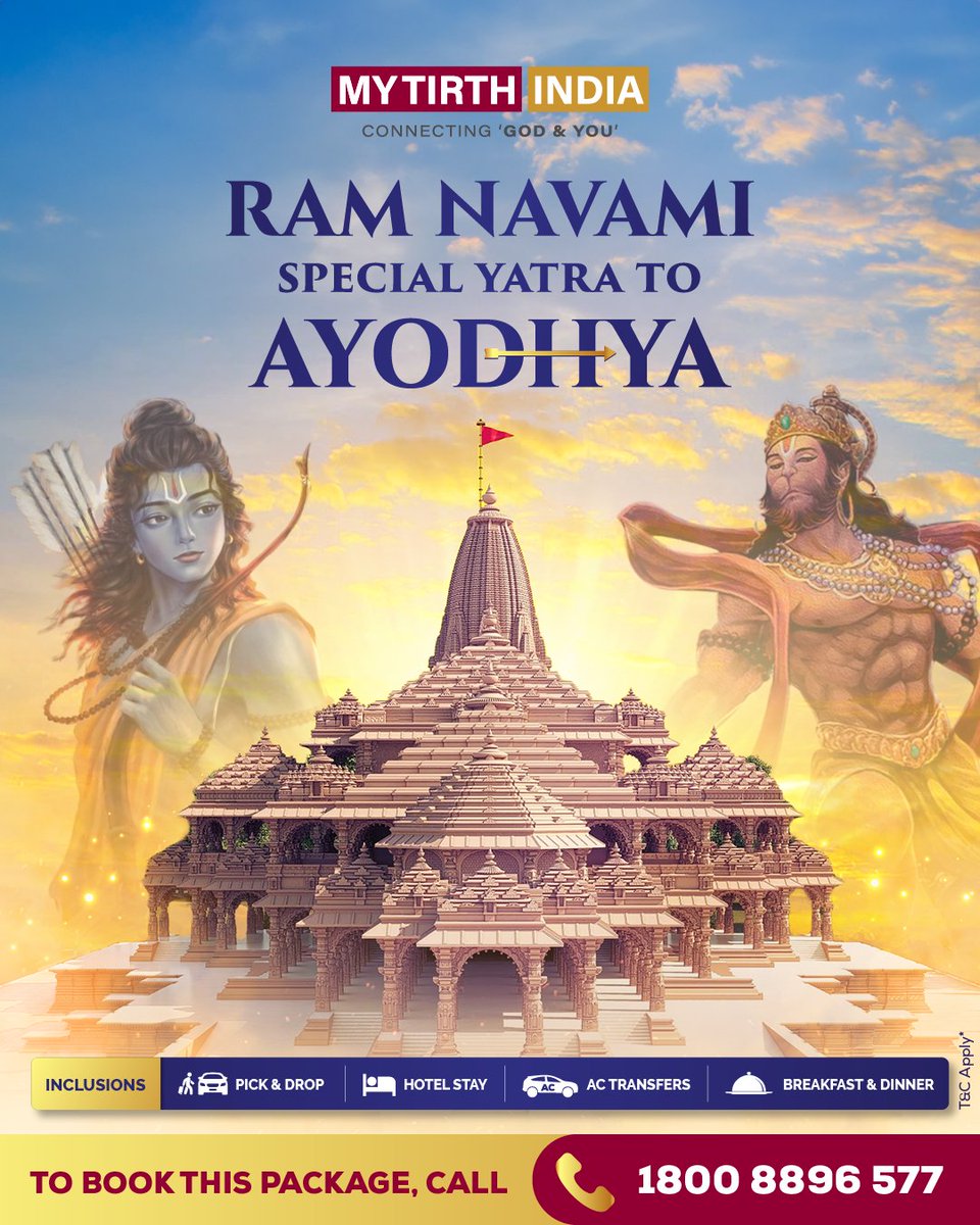 Celebrate 🎉 Ram Navami in the divine ambiance of Ayodhya. Embrace peace ✨ and devotion ❤️ on this special journey. . To Book This package, Call: 1800 8896 577 . #MyTirthIndia #MTI #RamNavami #Ram #JaiShreeRam #Ayodhya #AyodhyaTrip #LordRama #HolyJourney #FaithAndJoy