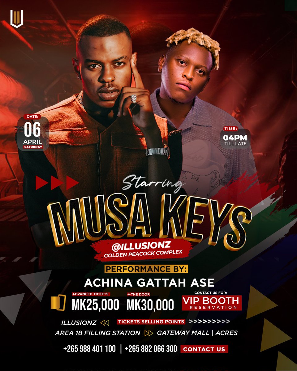 Illusions Mussa Keys concert. Let's Grrrrrrrrrrrrr! 🎶 Advanced tickets at Mk25,000 available at area 18 Filling station, Illusionz Bar, and Acres by Gateway Mall. #MussaKeysLive #IllusionzExperience'