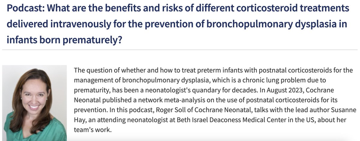 CochraneNeonate's tweet photo. Listen to the latest Cochrane podcast:
https://t.co/brlapwOmxg
Title of the review: Systemic corticosteroids for the prevention of bronchopulmonary dysplasia, a network meta‐analysis https://t.co/NQ7ISLSq4K