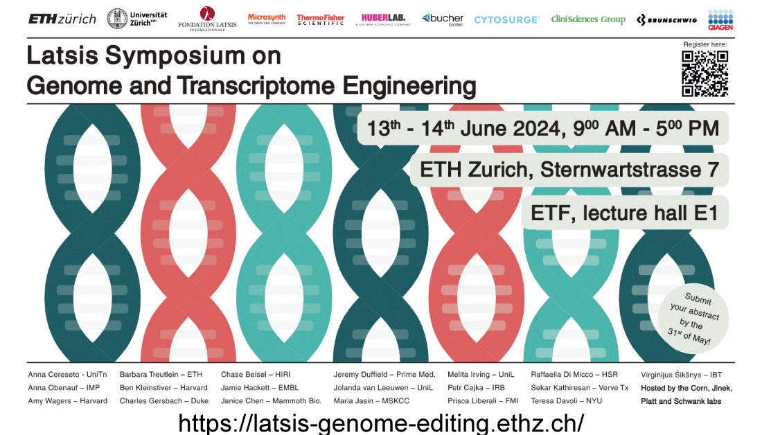 Registration and abstract submission (deadline May 31, 2024) are open for the 2024 Latsis Symposium on '#Genome and #Transcriptome #Engineering', which will be held on June 13 and 14, 2024, @ETH_en. latsis-genome-editing.ethz.ch @jcornlab @MartinJinek @randall_platt @schwanklab