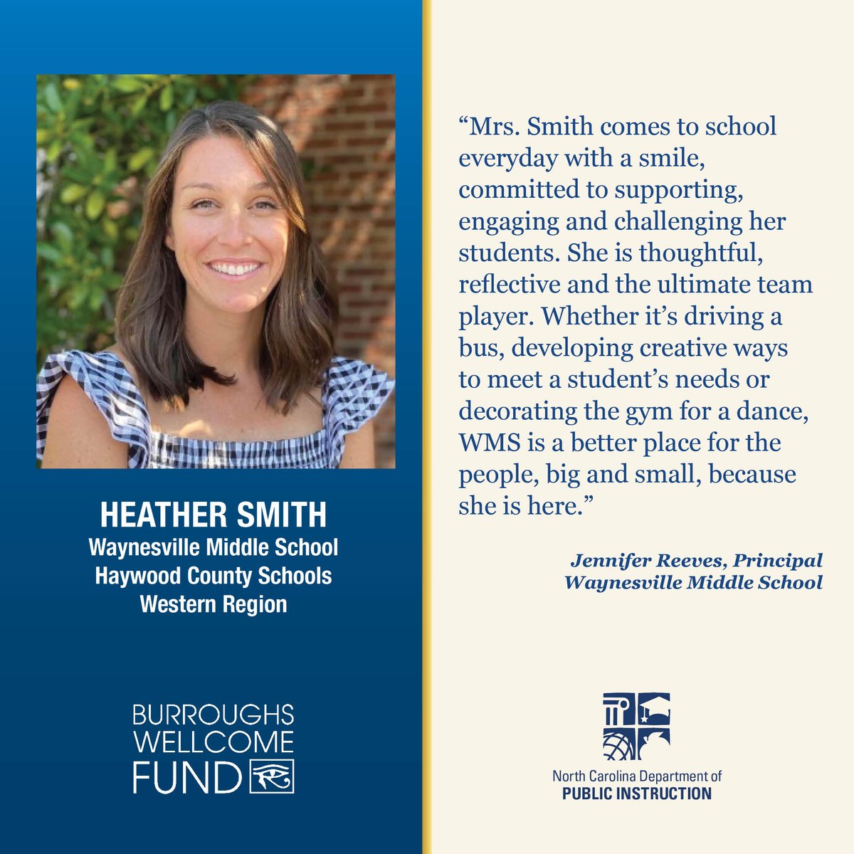 Who will be the next @BWFund 2024 NCTOY? Meet our Western Region TOY Heather Smith. Join us April 5 at 12 p.m. for pre-show & NCTOY ceremony livestreams at youtube.com/ncpublicschools & facebook.com/NCPublicSchools, with support from @EquitableFin & @MyPBSNC. @HCSNC #nctoypoy