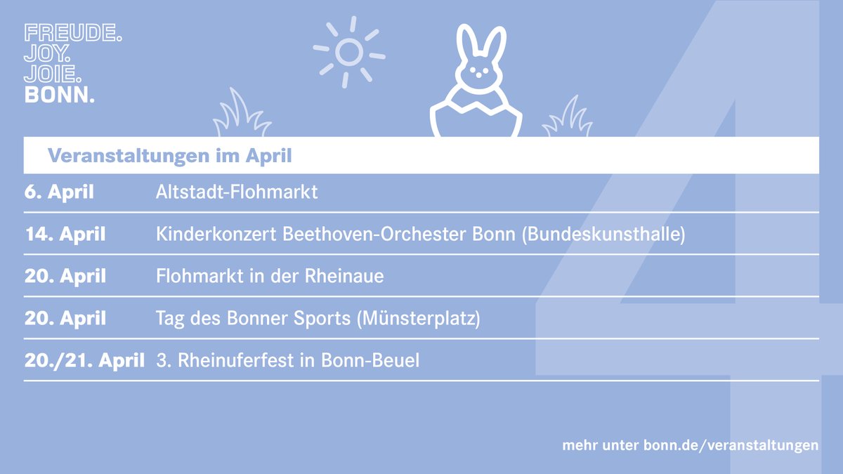Ein Kinderkonzert des Beethoven Orchester Bonn, der Tag des Bonner Sports, das 3. Rheinuferfest in Beuel sowie viele weitere Veranstaltungs-Highlights gibt es für die Menschen in #Bonn im April! Weitere Veranstaltungen finden Sie auf: bonn.de/veranstaltungen