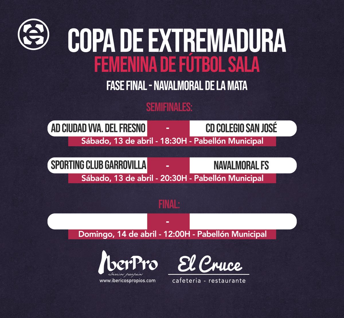 🥎 | #FútbolSala |

Sorteada la Fase Final de la 🏆COPA DE EXTREMADURA Femenina:

📅13 y 14 de abril
📍Navalmoral de la Mata

<a href="/adcvillanueva/">ADC Villanueva del Fresno</a> 🆚 <a href="/CdcSanJoseFS/">CDC SAN JOSÉ FS</a>
<a href="/SportingGarro/">CD La Garrovilla Femenino</a> 🆚 <a href="/NavalmoralFS/">Navalmoral FS</a>

👍¡Mucha suerte a todos los equipos!

#Extremadura💚🤍🖤
#JugamosEnEquipo