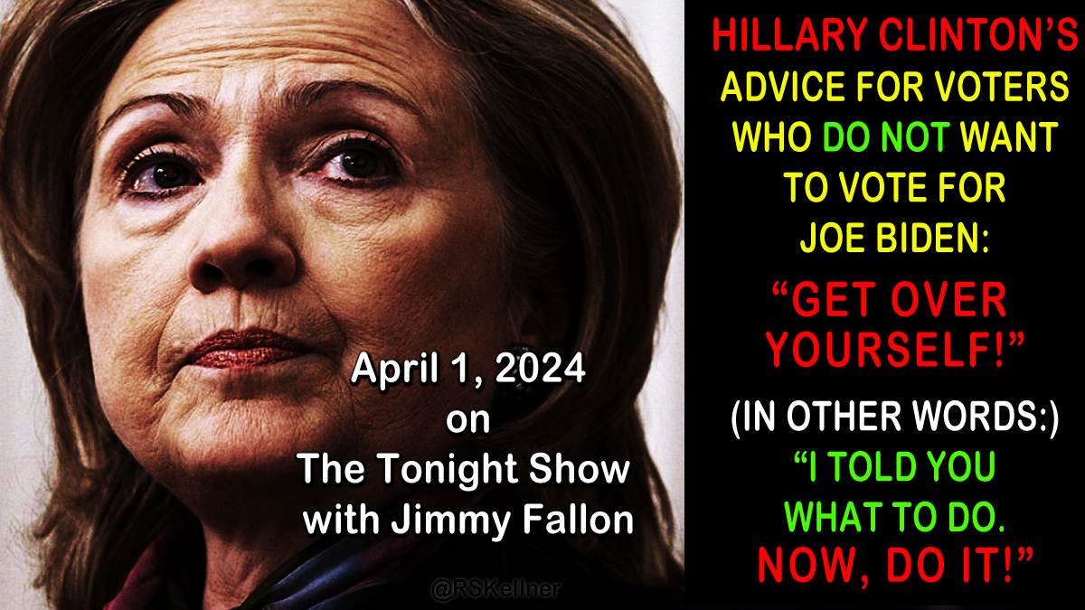 The world's greatest #NARCISSIST yells at young American voters: #GetOverYourself!! As #Democrats awaken & DO NOT WANT TO VOTE FOR #JoeBiden, the brainwasher #HillaryClinton, amazed that HER PEOPLE would DARE to think for themselves, tells them, 'Get over yourself!' What #hubris!