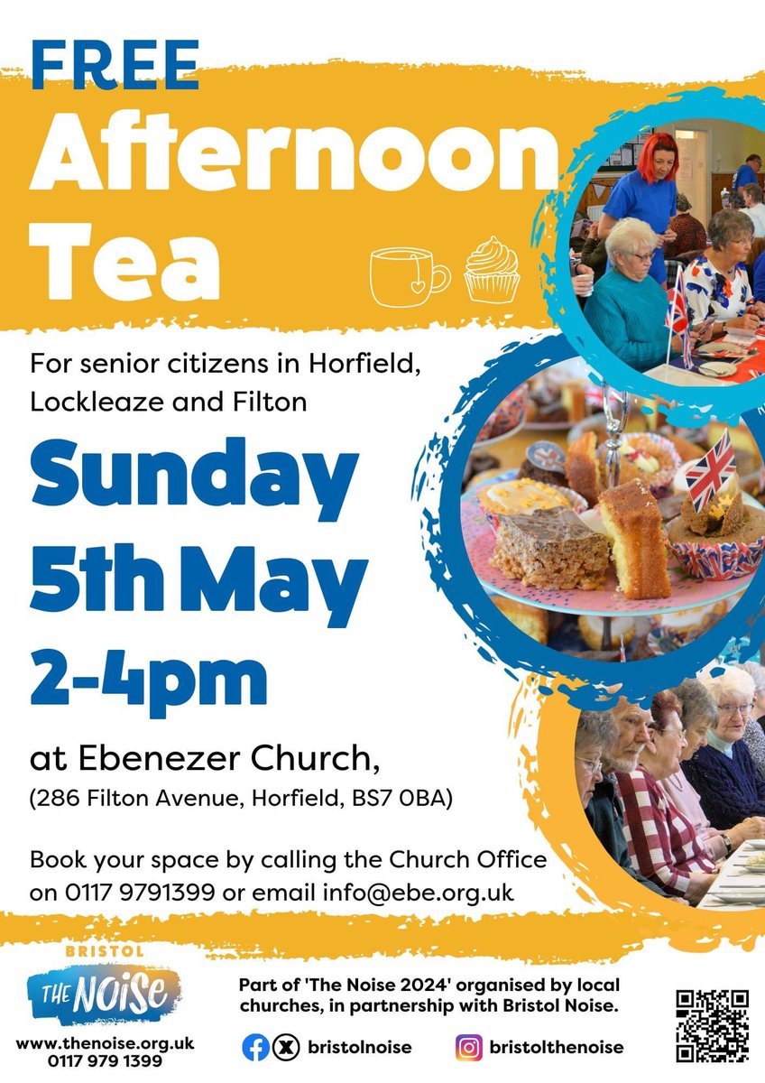 Excited to announce our FREE Afternoon tea event on Sunday 5th May for senior citizens in Horfield, Lockleaze and Filton, part of the final citywide @BristolNoise weekend. Please contact the church office to book a place. (Half the places are already gone). #thenoise2024