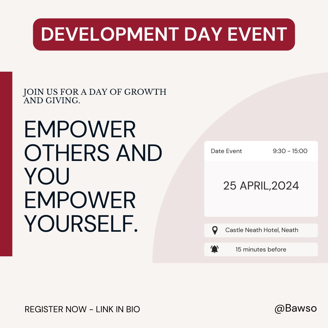 Join us for the Development Day Event, where we'll unite the community, Bawso Service Users, Safeguarding, VAWDASV Leadership group, Police, Health, & University to learn and collaborate on ending VAWDASV. Secure your spot now #LINKINBIO. #DevelopmentDayEvent #EndVAWDASV