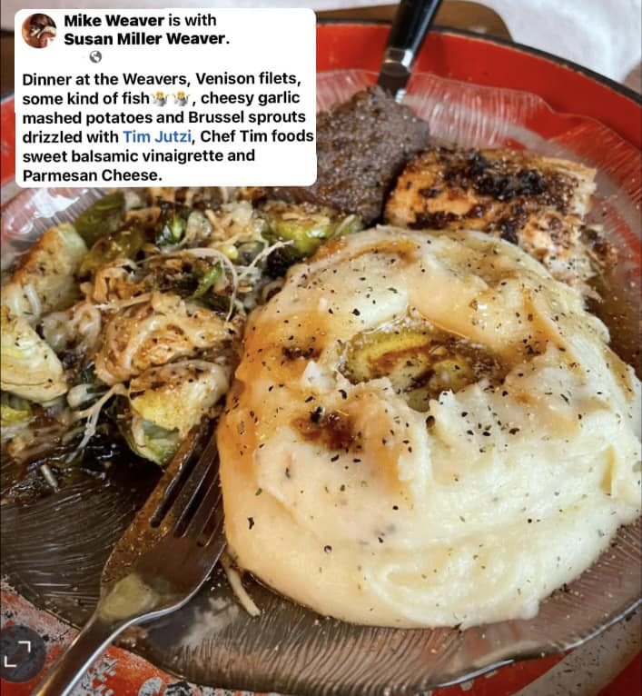 ChefTimFoods's tweet photo. “Dinner at the Weavers, Venison filets, some kind of fish, cheesy garlic mashed potatoes &amp; Brussel sprouts drizzled with Chef Tim’s Sweet Balsamic Vinaigrette &amp; Parmesan Cheese.”
📷 yummy …. 
#CustomerPhoto #ThankYou 
#ChefTimFoods
#GlutenFree #ShakeShakeShakeDontRefrigerate https://t.co/wrNyboOt1U