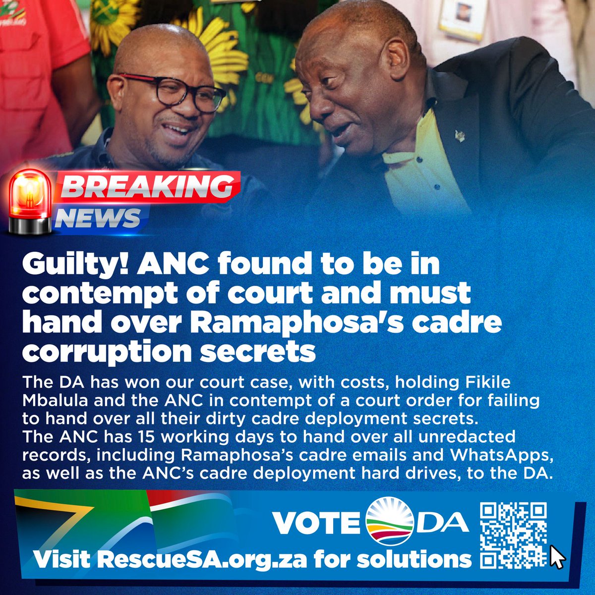 🚨 BREAKING: The ANC has been found guilty of contempt of court for wilfully refusing to comply with an order upheld by the ConCourt that it must hand over to the DA its complete, unredacted cadre deployment records from the period when Ramaphosa was cadre chairman:…