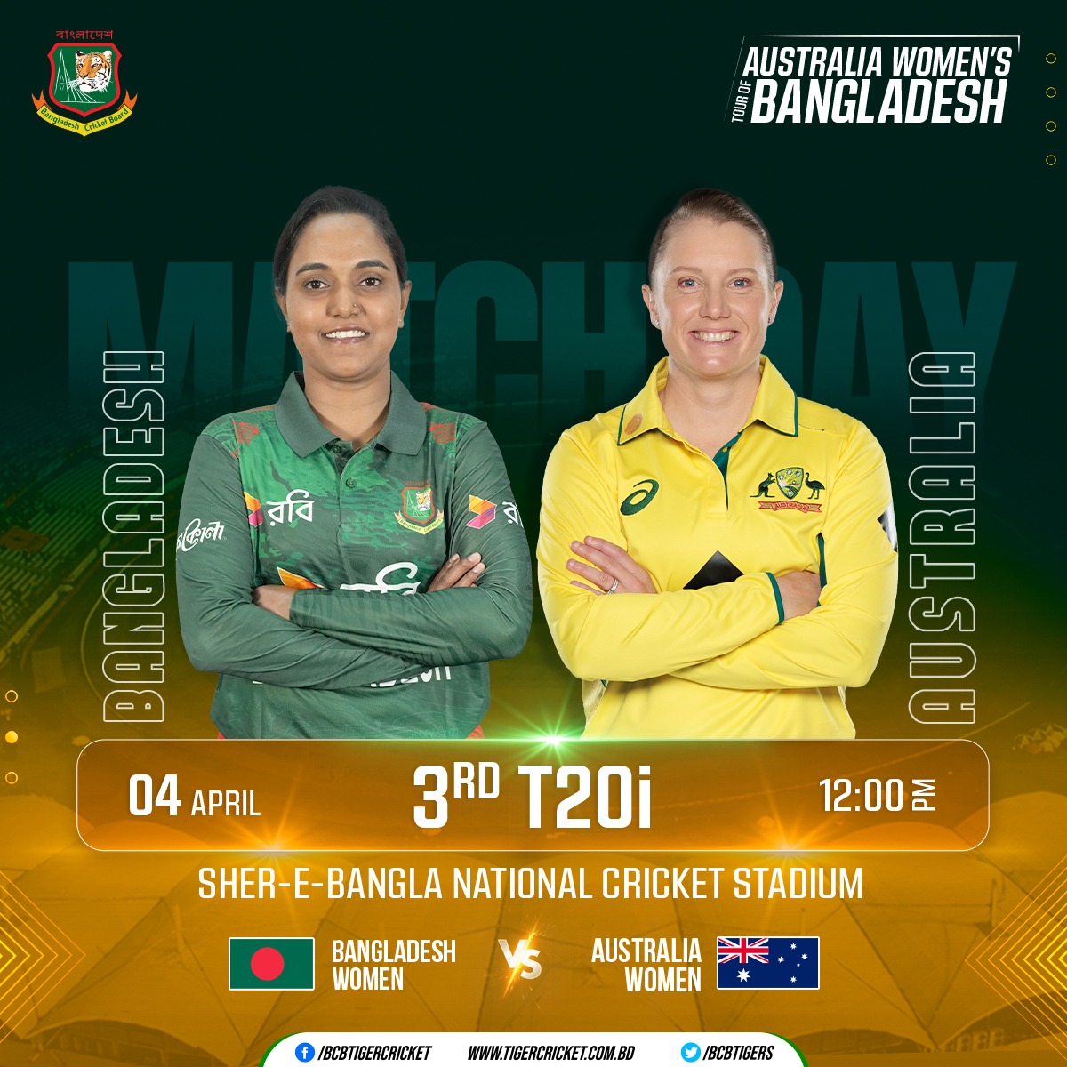 Australia Women’s Team Tour of Bangladesh 2024 3rd T20i | April 04, 2024 | Time: 12:00 pm Live ▶: youtube.com/@bcbtigercrick… Details 👉: tigercricket.com.bd/live-score/aus… #BCB #Cricket #BANWvAUSW #LiveCrcket #HomeSeries #T20Iseries #womenscricket