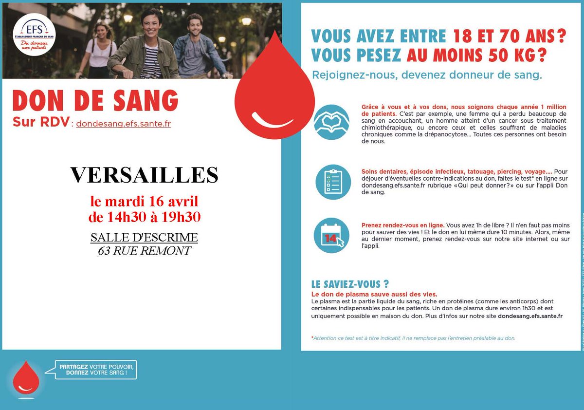 🔴 Don du sang : retrouvez la collecte mobile à #Versailles le mardi 16 avril de 14h30 à 19h30 dans la salle d'escrime (63, rue Rémont). La prise de rendez-vous est obligatoire. Réservez votre créneau sur le site de @EFS_dondesang ⤵︎dondesang.efs.sante.fr/trouver-une-co…