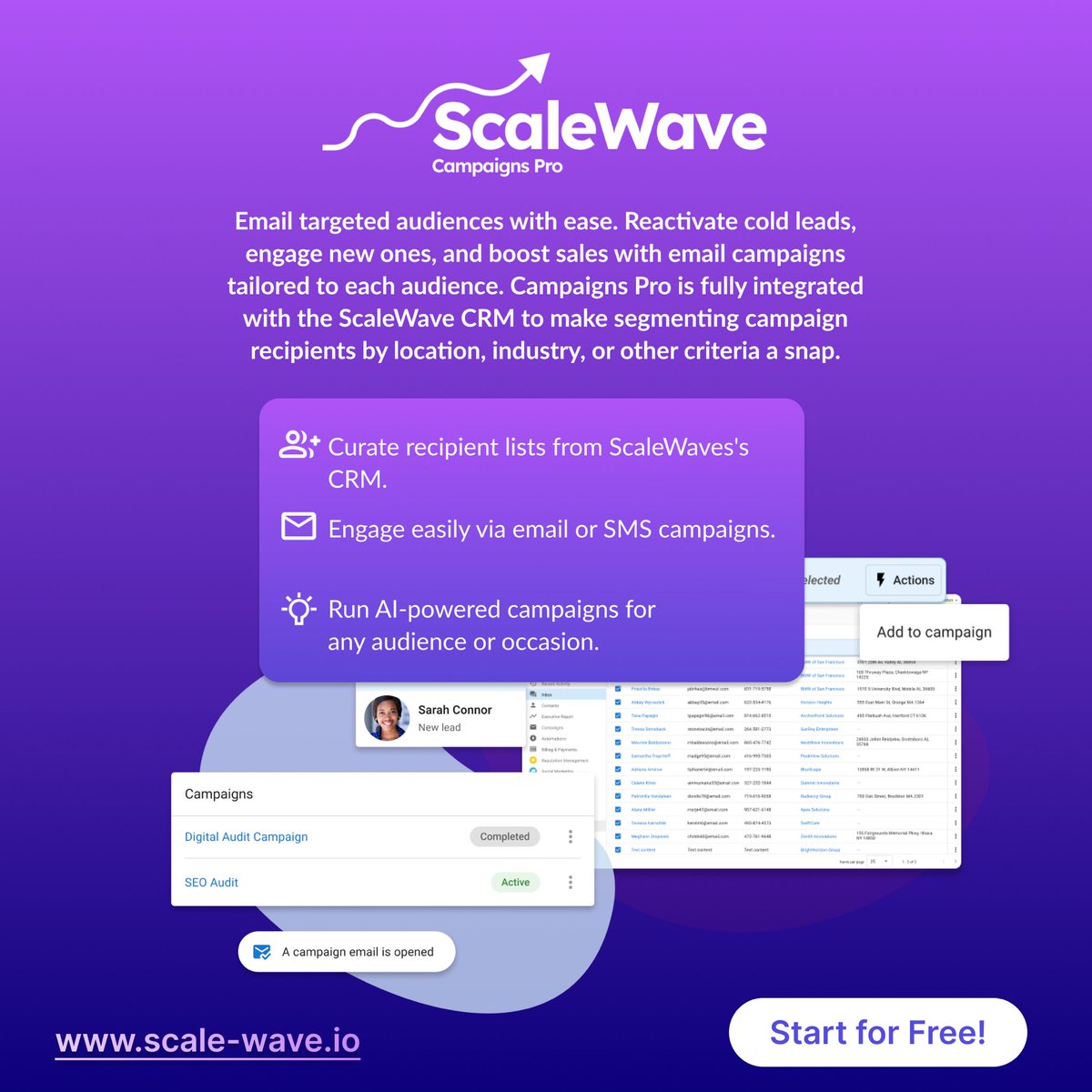 scale_wave's tweet image. Elevate your email game with ScaleWave&apos;s Campaigns Pro! Reach out to dormant leads, ignite new connections and skyrocket your sales effortlessly.

scale-wave.io

#emailmarketing #businessmanagement #salesboost #CRMintegration #digitalmarketing