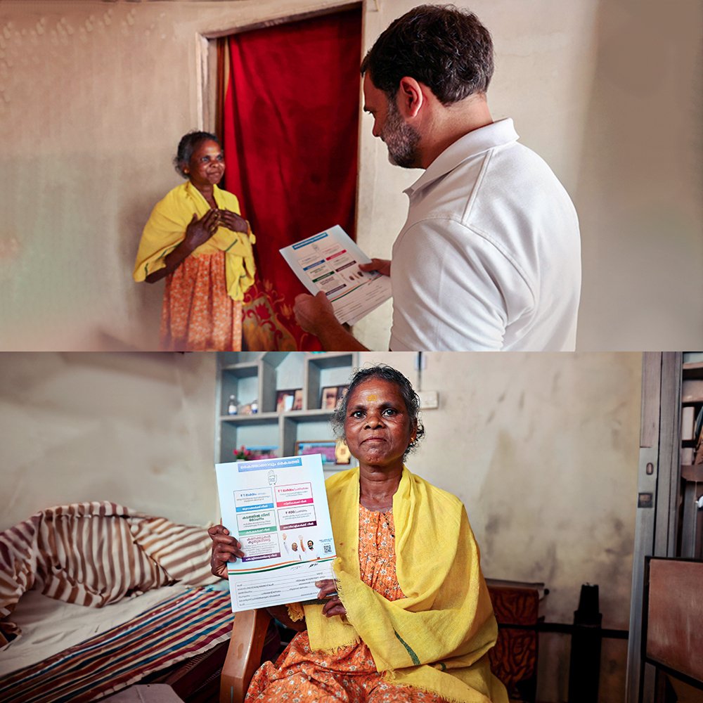 RahulGandhi's tweet photo. Our Paanch Nyay and 25 Guarantees are a promise to provide every Indian with a better future, equal opportunities, and a fair share in India’s growth.  

Our Paanch BIG Guarantees:  

• Pehli Naukri Pakki: Every educated youth will have their first job guaranteed with ₹1 Lakh Salary

• Mahalakshmi: One woman in every poor family will be given ₹1 Lakh every year

• Sahi Daam & Karz Mukti: Loan waiver and legal status to MSP, according to the Swaminathan Commission’s formula

• Shram Ka Samman: ₹ 400 per day, National Minimum Wage, including for MGNREGA

• Ginti Karo: Every individual and every community to be counted through a nationwide census to ensure social and economic equity

The Congress Party will empower every youth, woman, farmer, worker and marginalised citizen in India. We will ensure the benefits of the nation’s progress are not cornered by a few, but rather reach every household. 

Haath Badlega Haalat
#GharGharGuarantee