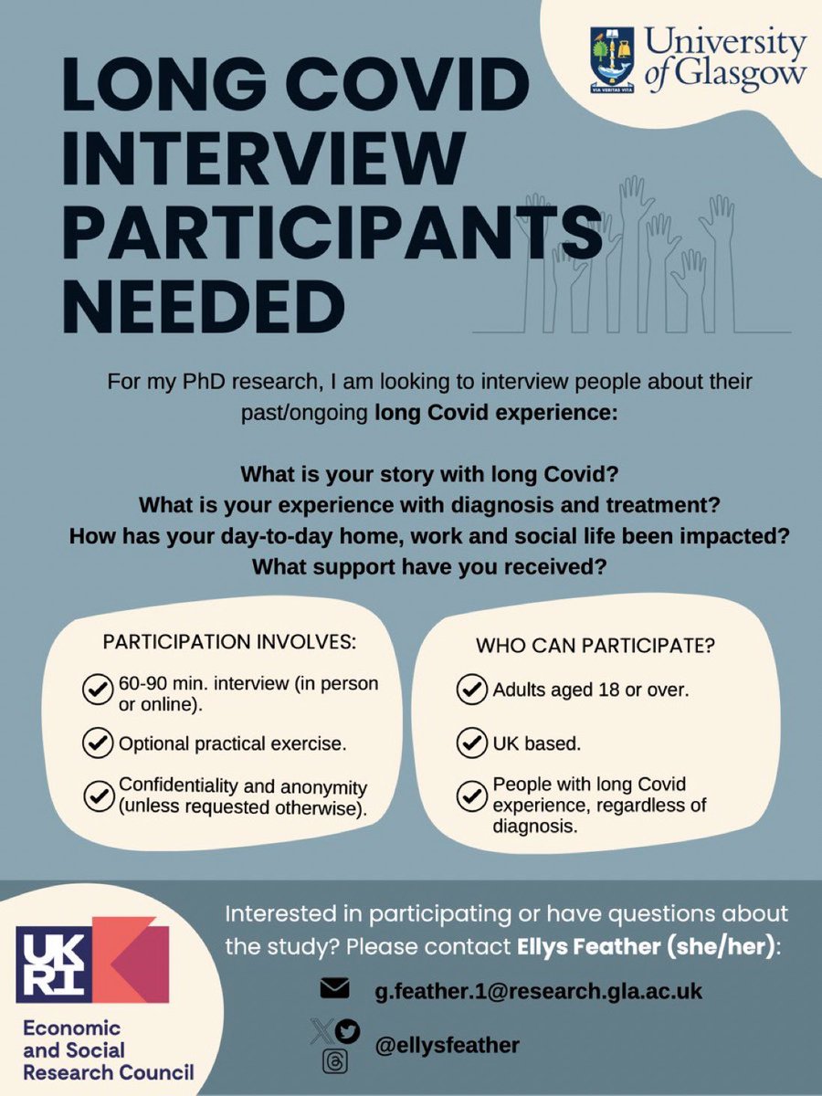 🚨 CALL FOR PARTICIPANTS 🚨 For my PhD research, I am looking to interview people from the UK who are experiencing/have experienced #LongCovid If you would like to chat or have any questions, please DM or email me: g.feather.1@research.gla.ac.uk RTs appreciated 😊