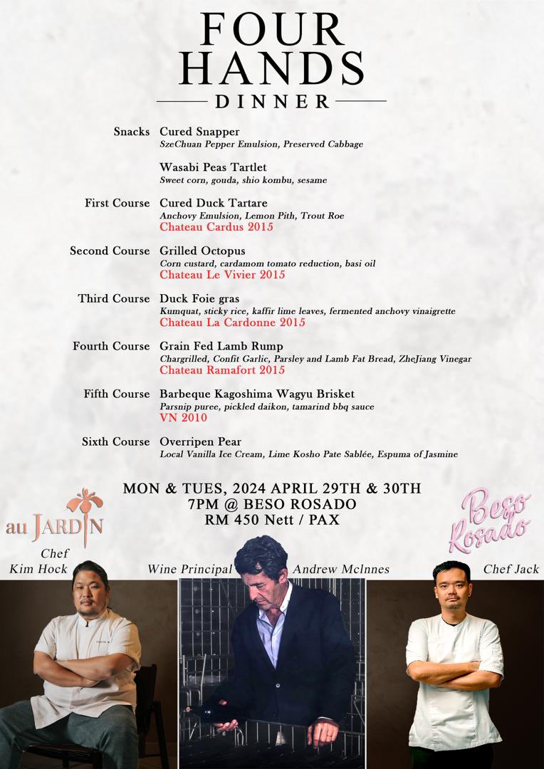 For those of you who just happen to be in Penang (Malaysia) on the 29th or 30th April, two local chefs have put together what looks like a rather splendid supper, with one or two (5 actually) of the island’s favourite wines. @MiamKitty #Foodie #winelovers #crusbourgeois