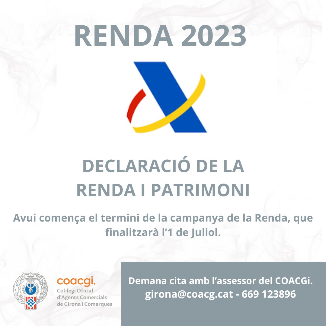 Col·legi Oficial d'Agents Comercials de Girona (@coacgi) on Twitter photo 📢 Avui comença la campanya Renda 2023.
Durant aquest període hi haurà l'assessor del col·legi a la vostra disposició.
❗ Demana la teva cita👇🏻
📲 669 12 38 96 📧 girona@coacg.cat
#agentscomercialsgirona #assessoraments #AgenciaTributaria #girona #vendes 📢 Avui comença la campanya Renda 2023.
Durant aquest període hi haurà l'assessor del col·legi a la vostra disposició.
❗ Demana la teva cita👇🏻
📲 669 12 38 96 📧 girona@coacg.cat
#agentscomercialsgirona #assessoraments #AgenciaTributaria #girona #vendes