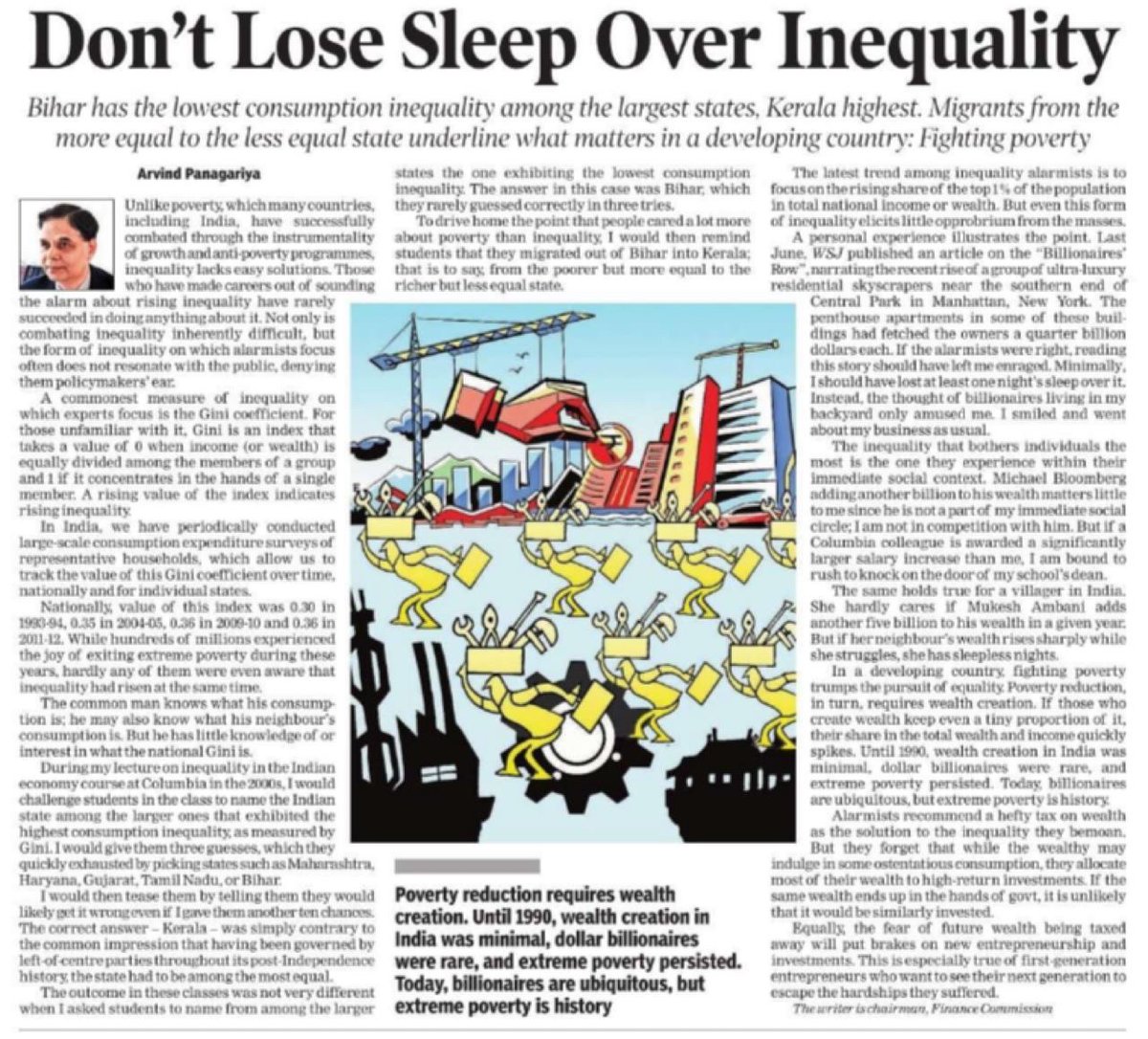 SitaramYechury's tweet photo. These views of Finance Commission Chairman are atrocious.
Wealth is nothing but the monetisation of value created by the working people in production. This is appropriated by the exploiters. More wealthy people means wider inequalities & higher poverty levels.
BTW, Nobel laureate Joseph Stiglitz has written a book ‘The Price of Inequality’.