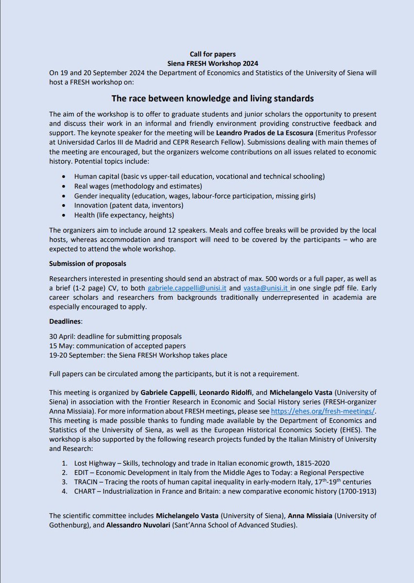 European Historical Economics Society (@the_ehes) on Twitter photo 📢CfP: Siena <a href="/unisiena/">Università di Siena</a> FRESH workshop, 19-20 Sep 2024📢
The Race Between Knowledge & Living Standards
Keynote: Leandro Prados de La Escosura <a href="/LdelaEscosura/">LeandroPdelaEscosura</a>
Organizers: <a href="/gabercappe/">Gabriele Cappelli</a>, Leonardo Ridolfi, Michelangelo Vasta
Apply by 30 April
More info: ehes.org/2024/03/12/908/ 📢CfP: Siena <a href="/unisiena/">Università di Siena</a> FRESH workshop, 19-20 Sep 2024📢
The Race Between Knowledge & Living Standards
Keynote: Leandro Prados de La Escosura <a href="/LdelaEscosura/">LeandroPdelaEscosura</a>
Organizers: <a href="/gabercappe/">Gabriele Cappelli</a>, Leonardo Ridolfi, Michelangelo Vasta
Apply by 30 April
More info: ehes.org/2024/03/12/908/