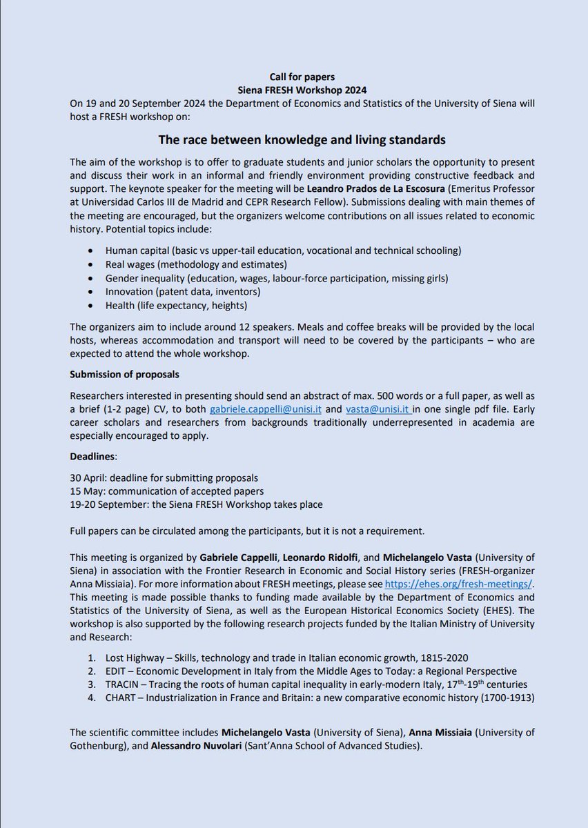 📢CfP: Siena @unisiena FRESH workshop, 19-20 Sep 2024📢 The Race Between Knowledge & Living Standards Keynote: Leandro Prados de La Escosura @LdelaEscosura Organizers: @gabercappe, Leonardo Ridolfi, Michelangelo Vasta Apply by 30 April More info: ehes.org/2024/03/12/908/