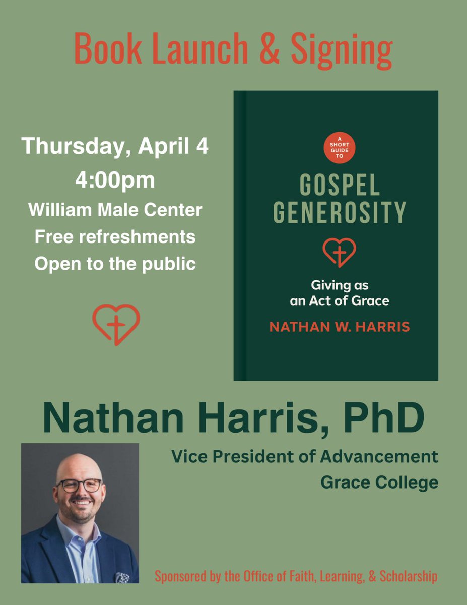 gracecollege's tweet photo. Our VP of Advancement, Nathan Harris, wrote a book! Come to his book launch and signing on April 4 at 4 p.m. in the William Male Center. Learn more here: https://t.co/7qww1s0Btb

#BookLaunch #GraceCollege #WinonaLake #HigherEd https://t.co/HZUrHj3hGZ