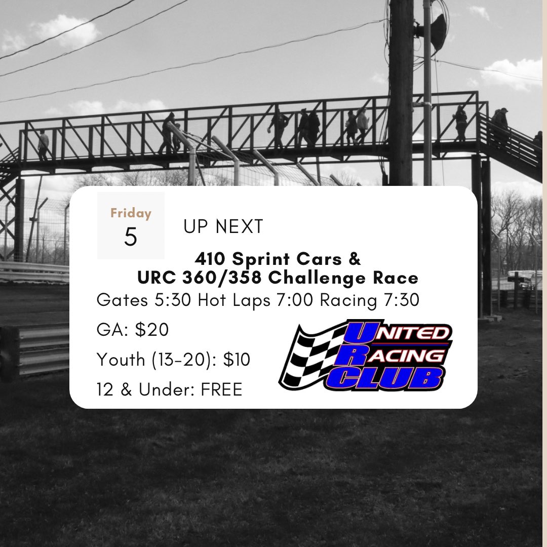 This Friday Featuring the Lawrence Chevrolet 410 Sprint Cars and United Racing Club 360/358 Challenge Race ◾️Gates: 5:30 ◾️Hot Laps: 7:00 ◾️Racing: 7:30 🎟️ GA: $20, Youth (13-20) $10, 12 & Under FREE. Pits $30. *Non-points race for the 358 division*