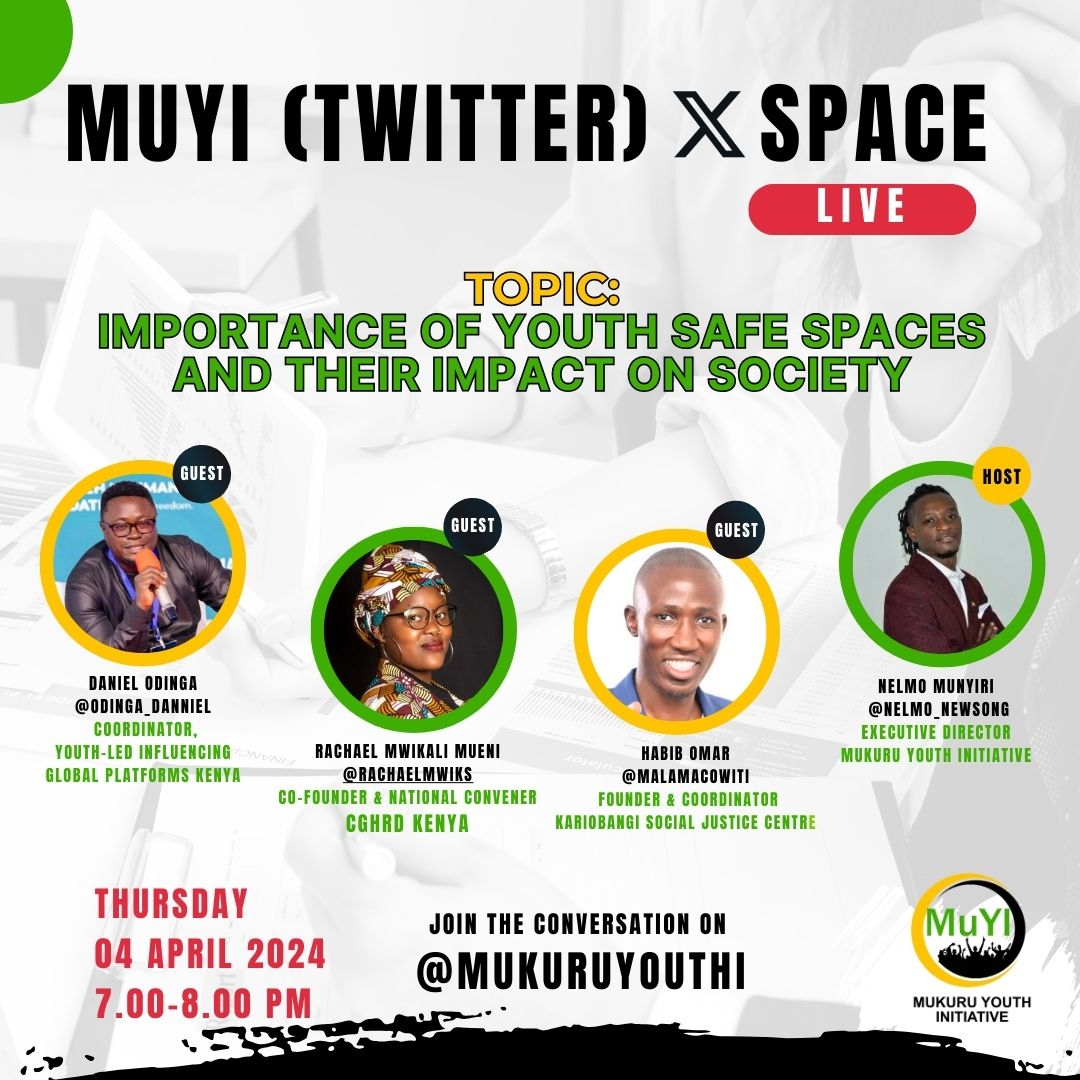 Join us for a vital Twitter Space on Thursday, April 4th, 2024, 7:00-8:00 PM! 🗓️ We're diving into the 'Importance of Youth Safe Spaces and Their Impact on Society' with special guests @Odinga_danniel, @rachaelmwiks, @malamacowiti, hosted by @nelmo_newsong. Don't miss out!