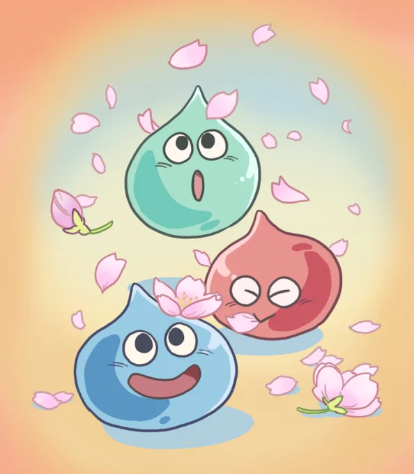 鳥が落とした桜の花を集めるスライム 