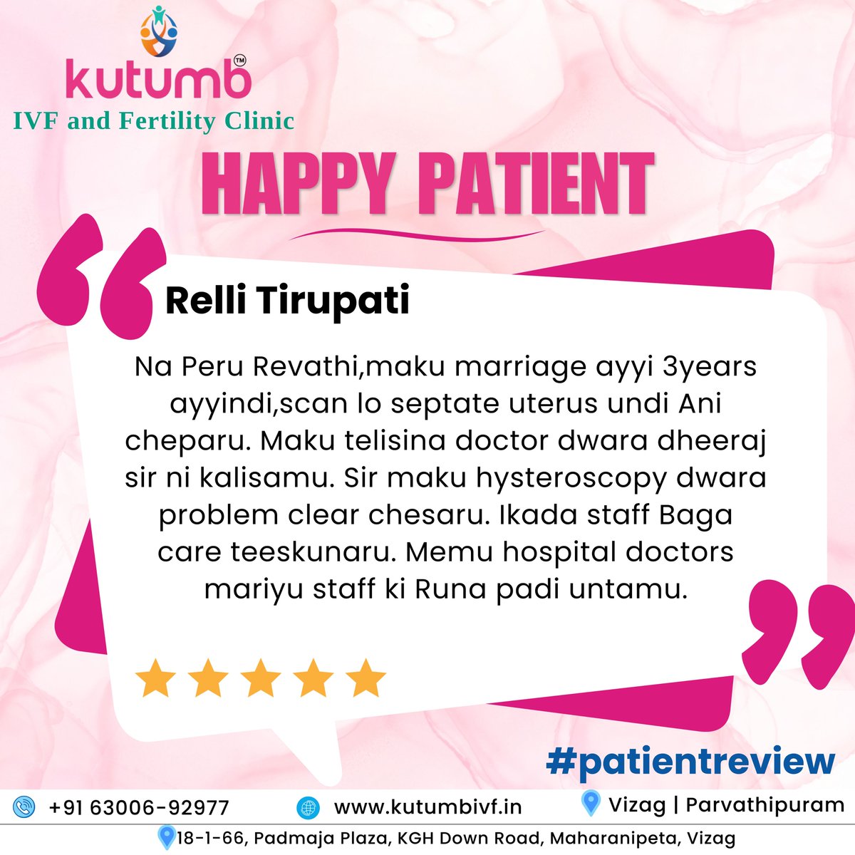 Thank you for sharing your experience and allowing us to be a part of your journey. 
Book your Appointment: +91 63006-92977

#patientreviews #patientreview #happypatient #ivf #ivfcost #testtubebaby #testtubebabycentre #ivftreatment #ivftreatmentprocess #ivfclinic #bestivfclinic