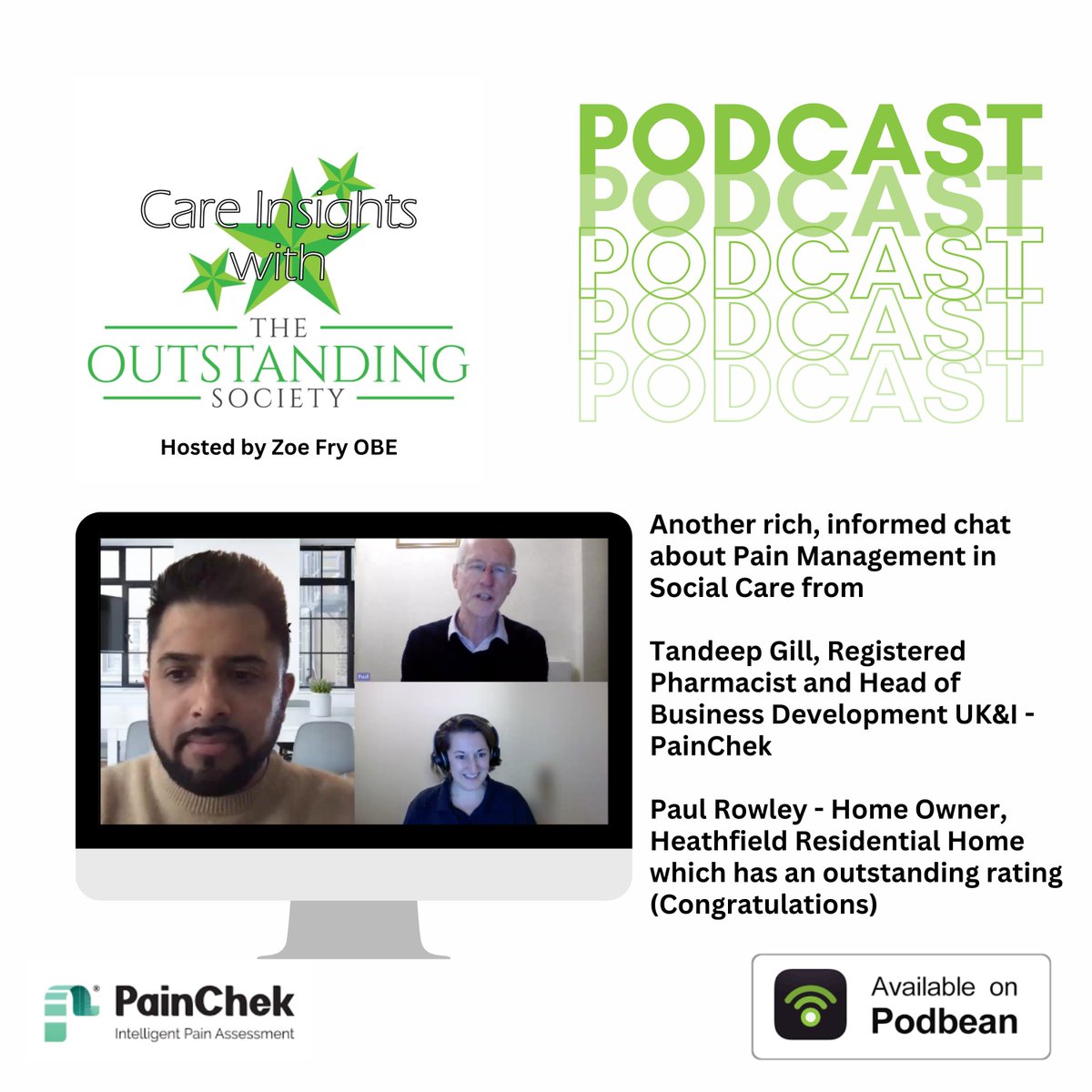 We are delighted to share the latest Care Insights podcast episode with our Director Zoe Fry in discussion with @PainChek Listen here: buff.ly/3PJlSzt on Podbean #socialcare #painmanagement #Painchek #carehomes #careworkers #caremanagement #homecare #pain