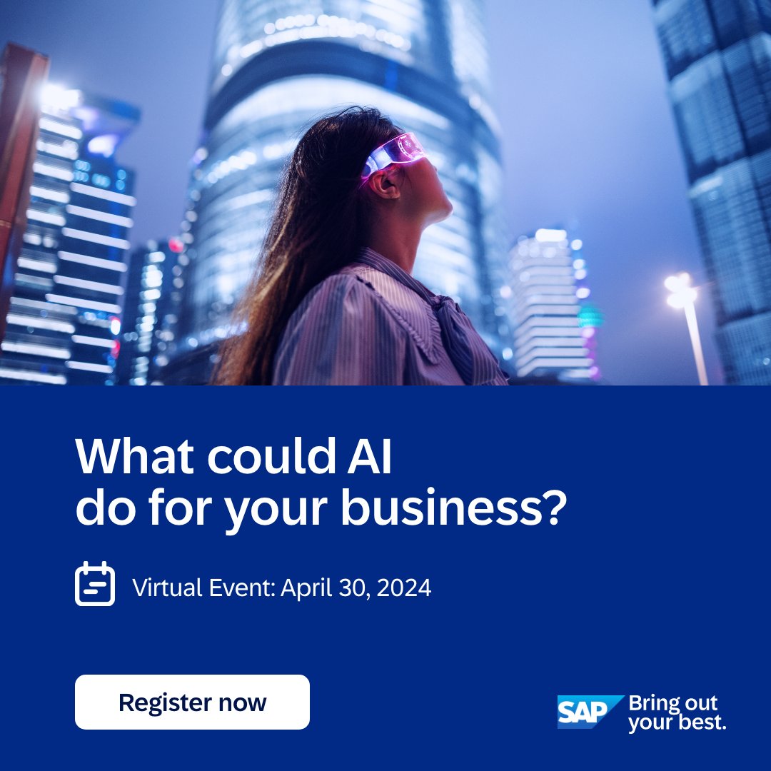 What does the future of Business AI look like?  
Join SAP and IDC on April 30 to explore the latest trends in AI. Cut through the noise and understand the benefits that Cloud ERP coupled with AI and Generative AI can bring to your business.
imsap.co/6014Zfi9Q

#RISEwithSAP