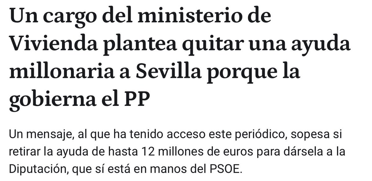 🔴 ÚLTIMA HORA | Un cargo del ministerio de Vivienda plantea quitar una ayuda millonaria a Sevilla porque la gobierna el PP.

Sánchismo en estado puro.

elespanol.com/sevilla/202404…