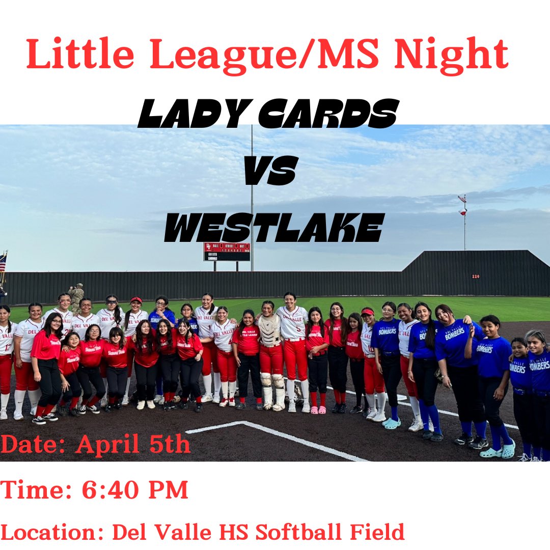 Del Valle Softball (@dv_softball) on Twitter photo Come out to the ball park this Friday, April 5th for Little League and Middle School night‼️👏🏽
Students wear your athletic jersey or middle school shirt and get in free 🎟️
#StayHungry #BeTough
<a href="/DVISD_DMS/">Daileyms</a> <a href="/DVISD_DVMS/">DelValle MS</a> <a href="/DVMS_LadyCards/">DVMS-Girl's Athletics</a> <a href="/DVISD_OMS/">ojedams</a>
<a href="/dvisd_athletics/">Del Valle ISD Athletics</a> Come out to the ball park this Friday, April 5th for Little League and Middle School night‼️👏🏽
Students wear your athletic jersey or middle school shirt and get in free 🎟️
#StayHungry #BeTough
<a href="/DVISD_DMS/">Daileyms</a> <a href="/DVISD_DVMS/">DelValle MS</a> <a href="/DVMS_LadyCards/">DVMS-Girl's Athletics</a> <a href="/DVISD_OMS/">ojedams</a>
<a href="/dvisd_athletics/">Del Valle ISD Athletics</a>