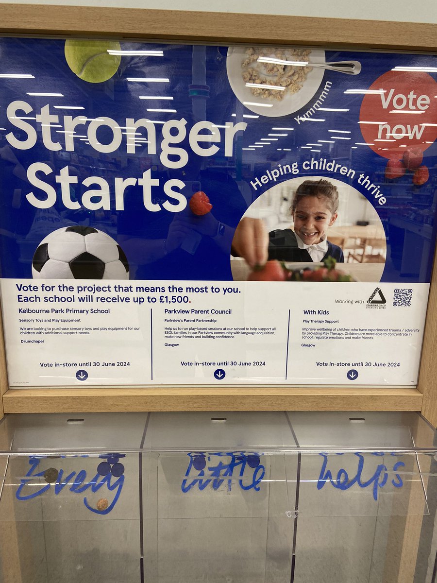 We now have 3 new projects to vote for in store with our Stronger Starts😀 Get your blue token at the checkout, Don’t forget to vote as your vote decides which project will be awarded each of the amounts £1500,£1000 & 500 🔵 ➖@KelbournePark ➖@ParkviewParent1 ➖@withkidsscot