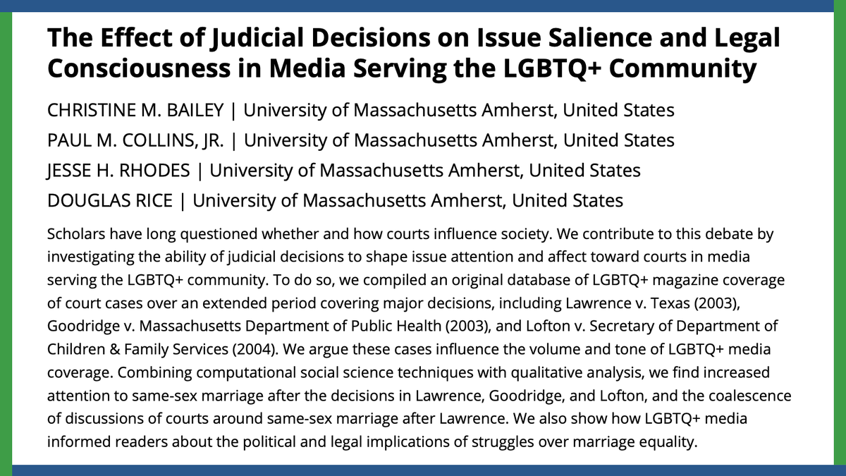 apsrjournal's tweet photo. Compiling an original dataset of magazine coverage related to LGBTQ+ court decisions, Christine M. Bailey, Paul M. Collins Jr., Jesse H. Rhodes &amp; Douglas Rice argue these cases influence the volume and tone of LGBTQ+ media coverage. 
#APSRFirstView
https://t.co/D8Tpm1Pv7V https://t.co/cbKGrDBUX5