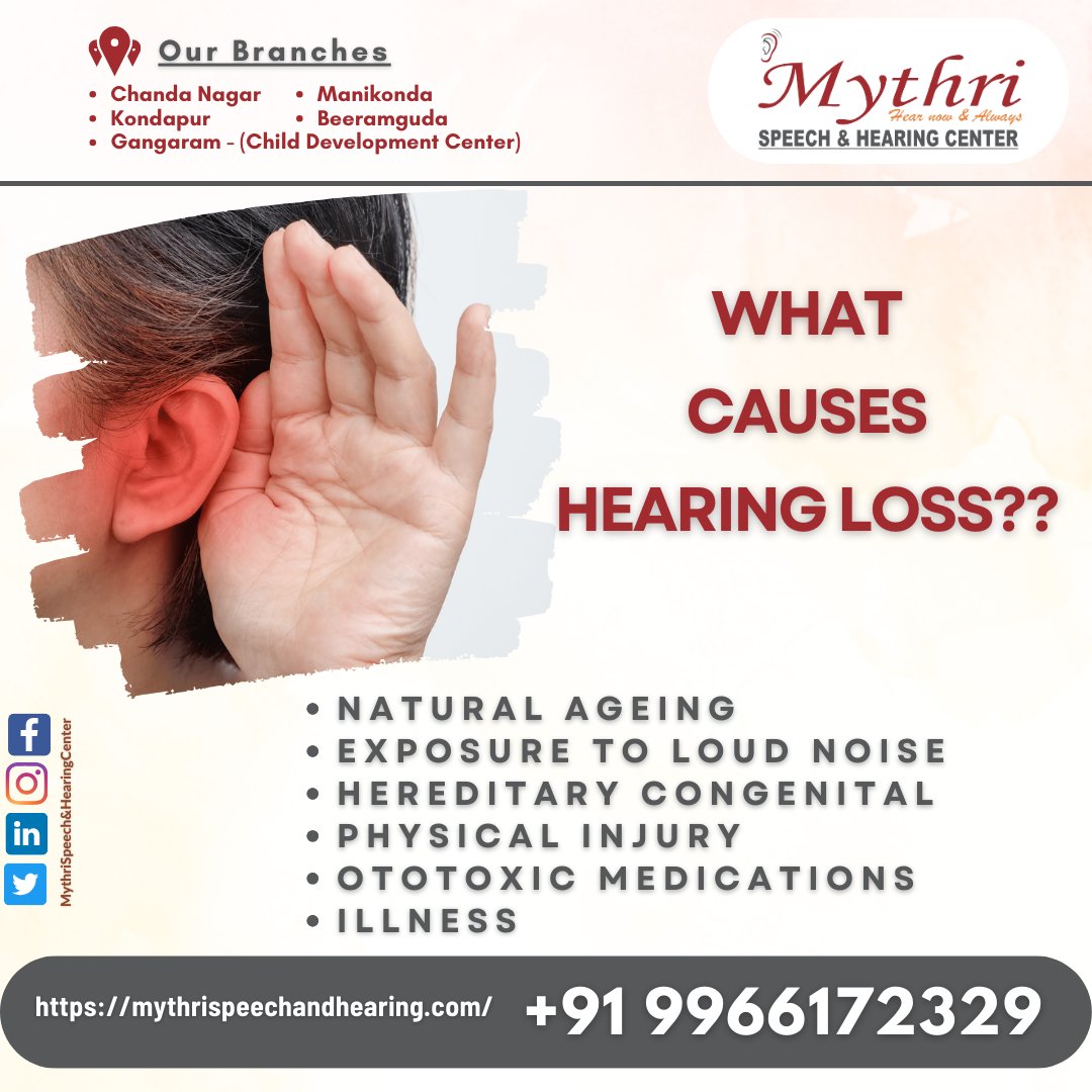 #HearingLossCauses #HearingHealth #ProtectYourHearing #AudiologyAwareness #Ageing #LoudNoise #HereditaryFactors #OtotoxicMedications #Illness #MythriSpeechAndHearingCenter #BestAudiologists #Manikonda #Kondapur #Beeramguda #ChandaNagar #Gangaram #Healthcare #Wellness #HearingCare