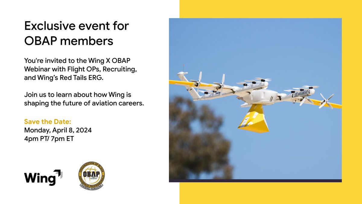 You're invited to the Wing X OBAP Webinar with FLight OPs, Recruiting, and Wing's Red Tails ERG. Join us to learn about how Wing is shaping the future of aviation careers. 📆 Monday, April 8 at 7 PM ET vimeo.com/event/4195227 #obapexcellence #aviation