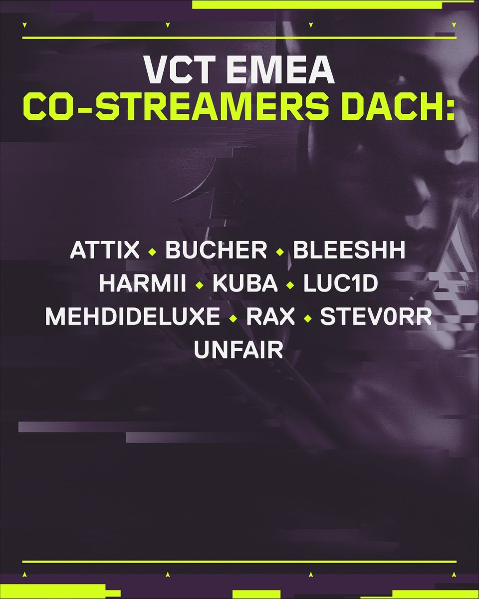 VALORANT (@valorantde) on Twitter photo Heute beginnt die Stage 1 der #VCTEMEA!
Verfolge die Games bei einem unserer DACH Co-Streamer:
<a href="/HeyImAttix/">CGN Attix</a> | <a href="/bucherVAL/">bucher</a> | <a href="/bleeshh/">bleeshh</a> | <a href="/Harmii_/">Liquid Harmii</a> | <a href="/KubaFPS_/">FOKUS Kuba</a> | <a href="/Luc1d20/">Luc1dg</a> | <a href="/_mehdi21/">Mehdi</a> | <a href="/rAx1337/">rAx</a> | <a href="/stev0rr/">SGE stev0rr</a> | <a href="/unfaiR_aK/">ATN Unfair</a> Heute beginnt die Stage 1 der #VCTEMEA!
Verfolge die Games bei einem unserer DACH Co-Streamer:
<a href="/HeyImAttix/">CGN Attix</a> | <a href="/bucherVAL/">bucher</a> | <a href="/bleeshh/">bleeshh</a> | <a href="/Harmii_/">Liquid Harmii</a> | <a href="/KubaFPS_/">FOKUS Kuba</a> | <a href="/Luc1d20/">Luc1dg</a> | <a href="/_mehdi21/">Mehdi</a> | <a href="/rAx1337/">rAx</a> | <a href="/stev0rr/">SGE stev0rr</a> | <a href="/unfaiR_aK/">ATN Unfair</a>
