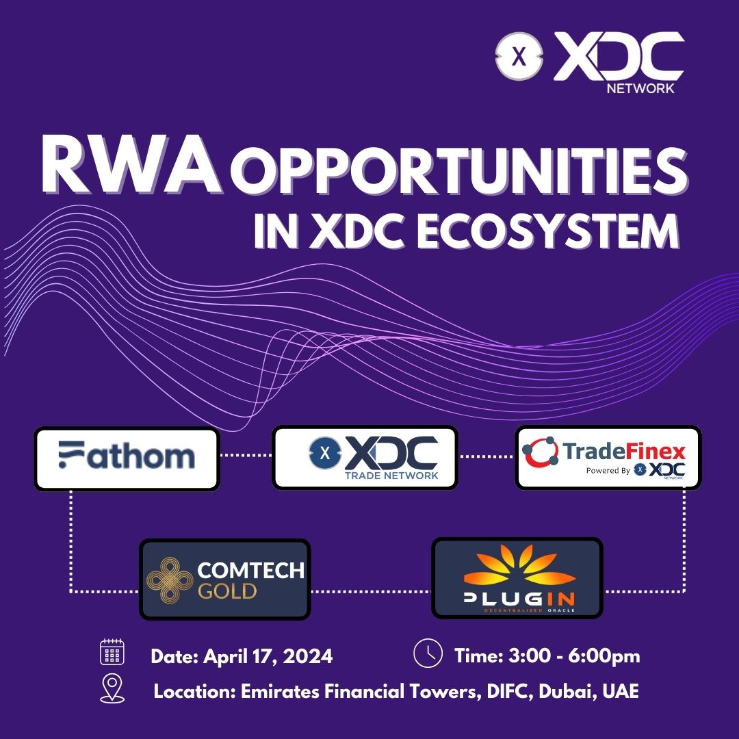 Unlock the door to endless possibilities in the #XDC ecosystem with RWA opportunities! We're inviting visionaries, investors, and enthusiasts to explore the vast potential within our network 📅 April 17, 2024 ⏳3:00-6:00pm GST 📍Emirates Financial Towers, DIFC, Dubai #XDCNetwork