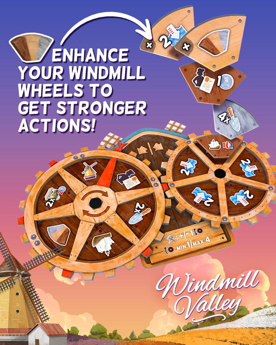 Let’s learn more about Windmill Valley mechanisms! 🌷 Enhance your Wheel Board! Take one tile from the board, pay its cost (if any) and place it on one of your Wheels to change or improve your actions! Our pre-order is on - check it out now! bit.ly/3TIhQcS