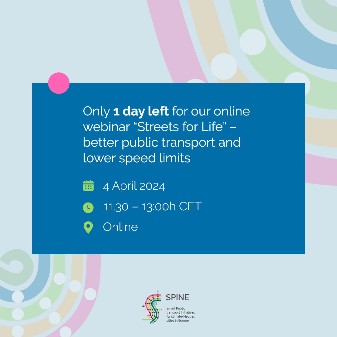 project_spine's tweet photo. Tomorrow our online webinar “Streets for Life” – better public transport and lower speed limits is taking place! Did you register already? If not: you can still register via this link: https://t.co/TiraToaaIA 

#SmartMobility #SustainableTransport https://t.co/uoup3oYIsO
