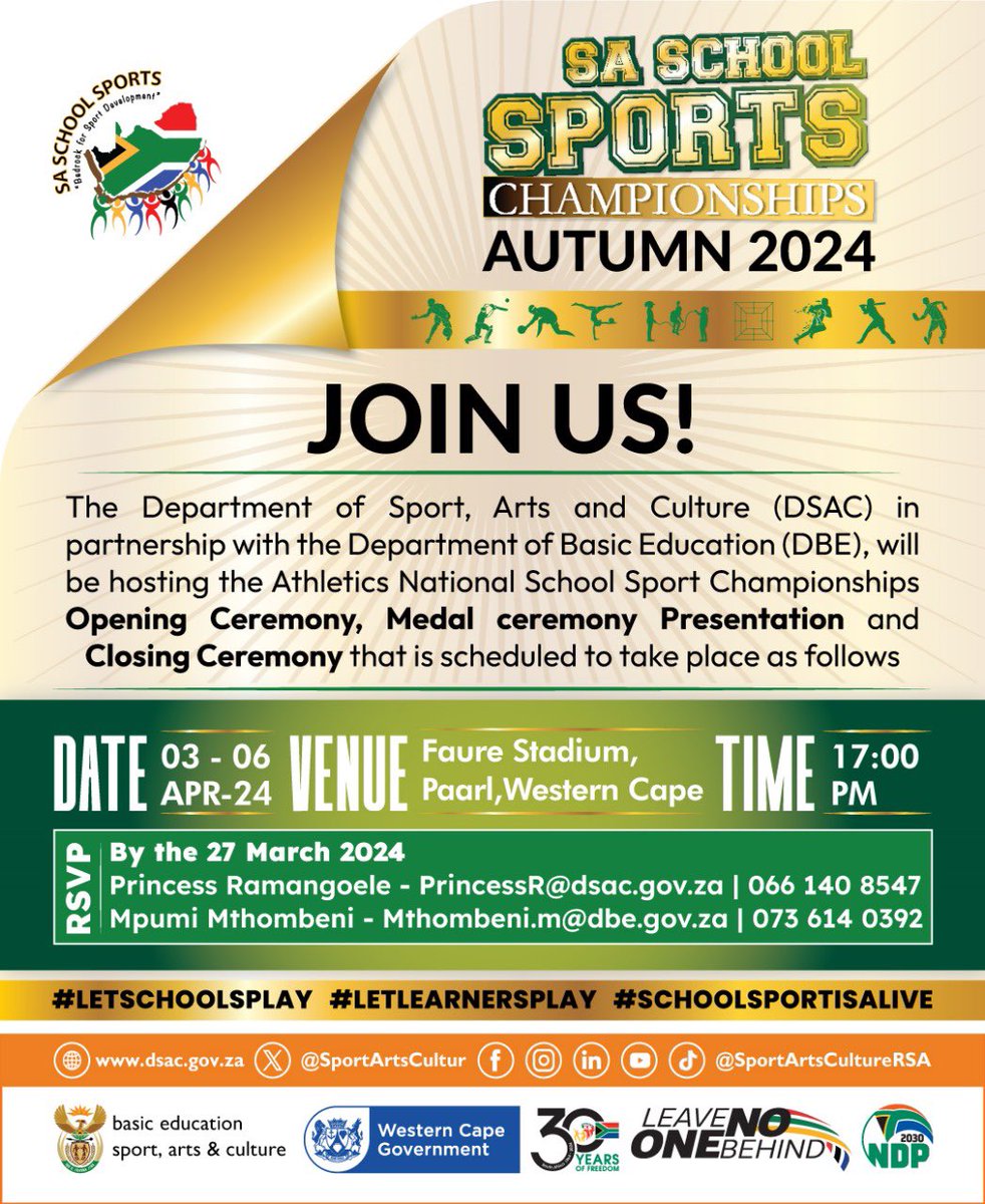 Get ready for the Autumn National School Sport Championships hosted by the Department of Sport, Arts and Culture, in partnership with the Department of Basic Education, from 3 - 6 April 2024 in Paarl in the Western Cape.

#SchoolSportIsAlive #LetSchoolsPlay #LetLearnersPlay