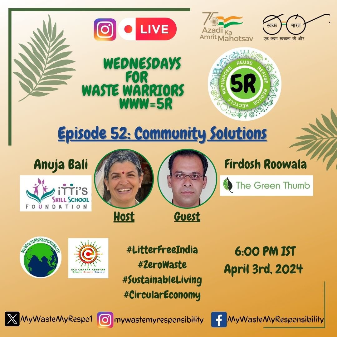 MyWasteMyResponsibility (@mywastemyrespo1) on Twitter photo Episode 52 Wednesdays for Waste Warriors WWW=5R Join us for a live conversation at 6:00pm IST with Firdosh Roowalla, founder of The Green Thumb providing waste management solutions for societies. Bulk waste generators your attention please. <a href="/anujabali/">anuja bali</a>
instagram.com/mywastemyrespo… Episode 52 Wednesdays for Waste Warriors WWW=5R Join us for a live conversation at 6:00pm IST with Firdosh Roowalla, founder of The Green Thumb providing waste management solutions for societies. Bulk waste generators your attention please. <a href="/anujabali/">anuja bali</a>
instagram.com/mywastemyrespo…