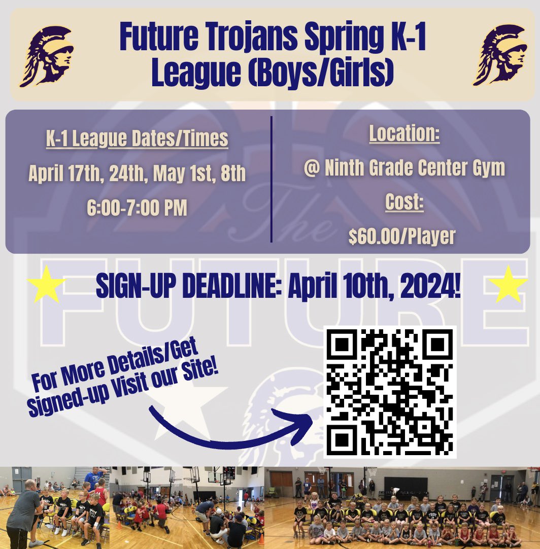 TrojanFuture's tweet photo. 🚨Final Reminder K-1 🏀 League 🚨 - Only☝️week left to register for our Spring K-1 League starting April 17th! Below is our site for more information and to get signed up.  Please remember there are limited spots which will fill up fast! 

💻 - https://t.co/FMykwt2kKt https://t.co/QlycBfXy9w