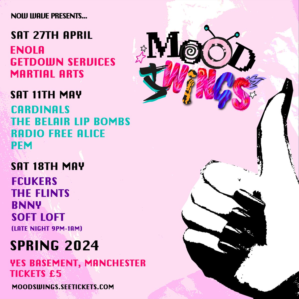 NEW MOOD SWINGS ACTS. Our Spring series of shows just got bigger, with new additions @theflintsmusic, @martialartsband, PEM and Soft Loft. They join the likes of @enolaenolamusic FCUKERS, @bnnyband, Cardinals and more. Tickets for all shows here -> seetickets.com/event/mood-swi…