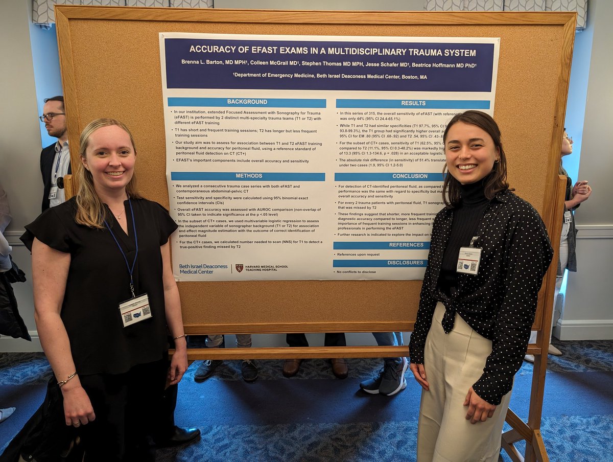 Residents Colleen McGrail and Brenna Barton discussing their research showing shorter, more frequent US training sessions can increase FAST exam accuracy compared to longer, less frequent sessions. #NERDS24 @SAEMonline