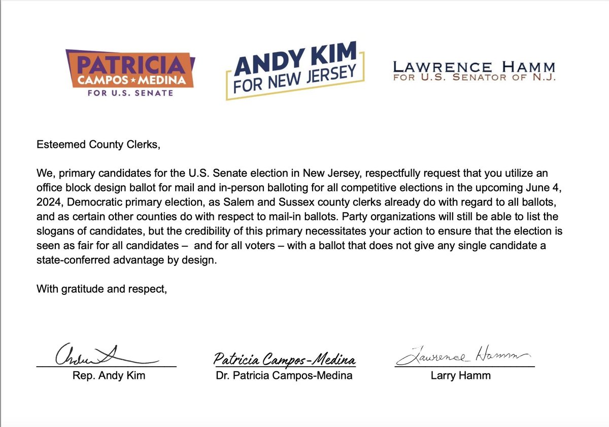 So I want to point out that the party chairs genuinely did not see this coming.  

They thought @AndyKimNJ would walk away from the injunction once @TammyMurphy dropped out of the race.

So I want to commend him for being a man of his word and staying in the legal fight. 4/16