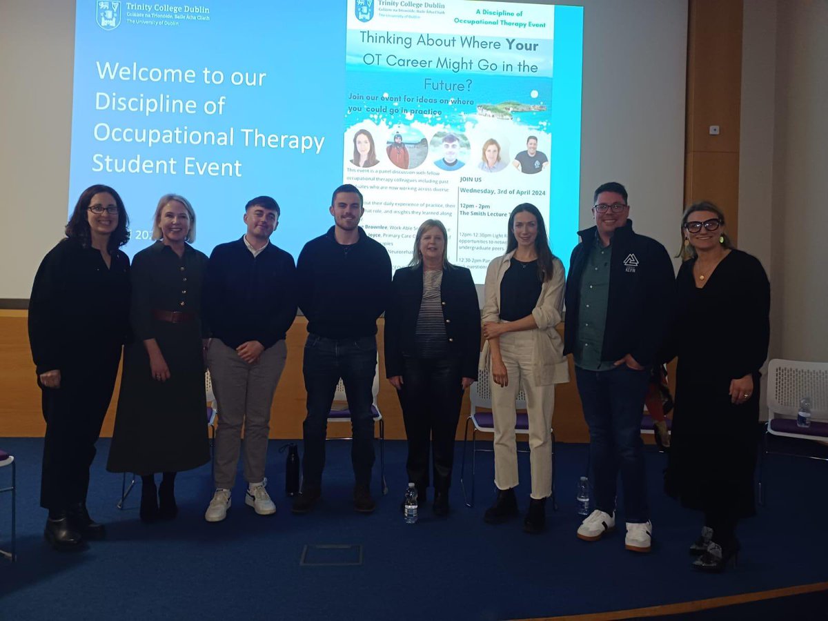 tcd_ot's tweet photo. Thank you to our wonderful invited speakers for sharing their insights &amp; experiences of practice at today’s student event. 

Inspiring our undergraduate and postgraduate students as they consider their steps into practice. 
@TrinityMed1 
#FutureOTs https://t.co/EZVL2KaD6P
